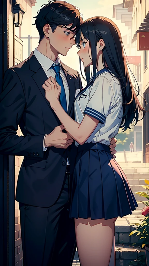 top-quality　​masterpiece　Male and female couples　Male and female couples　A man is confessing his love to a woman　Woman embarrassed　high-school uniform　2 Frame Cartoon Blue Eyes