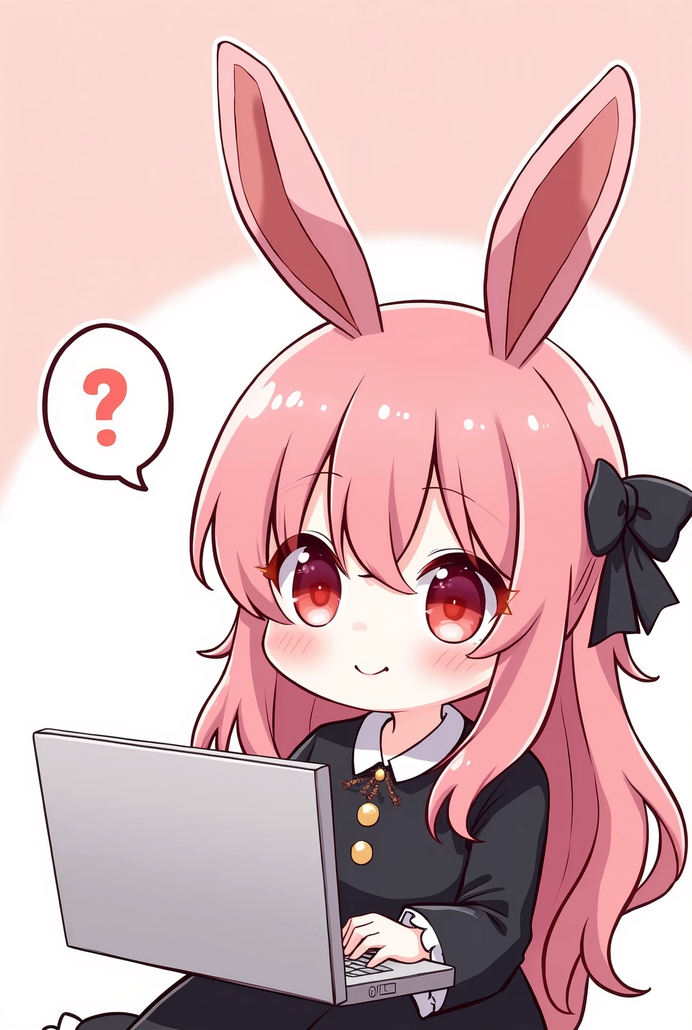 (2comic panels,dot halftone, flat color,), quality\(masterpiece, best quality,8k,wallpaper of extremely detailed CG unit,hight resolution,top-quality,top-quality real texture skin,hyper realisitic,increase the resolution,RAW photos,best qualtiy,highly detailed,the wallpaper\), 1girl\(2.5D,cute,kawaii,pink hair:1.4,(long hair),(rabbit ear),black long dress with frill,red eyes,big eyes,beautiful shining eyes,skin color white,big black hairbow,watching internet,(smiling and says "Adorable! What does this mean? oh..." with face blushed:1.3)\)