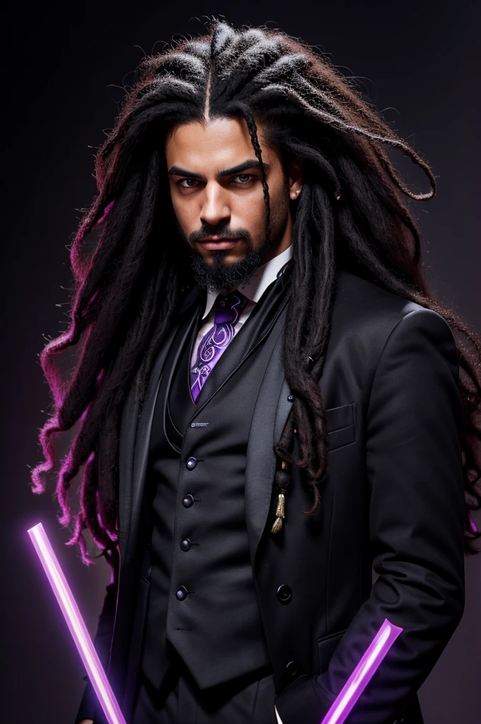 black background, in the center a prominent chin and brutish features man character with long afro black dreadlock hair, soft strokes, no beard thick blue eyes, expressive and sarcastic look, wearing a tailcoat with a sparkling glowing violet gamma cross on the chest , a violet sign in gothic style ((minimalistic)) ((4k)) ((hyperealistic)) his face is like kurt cobain