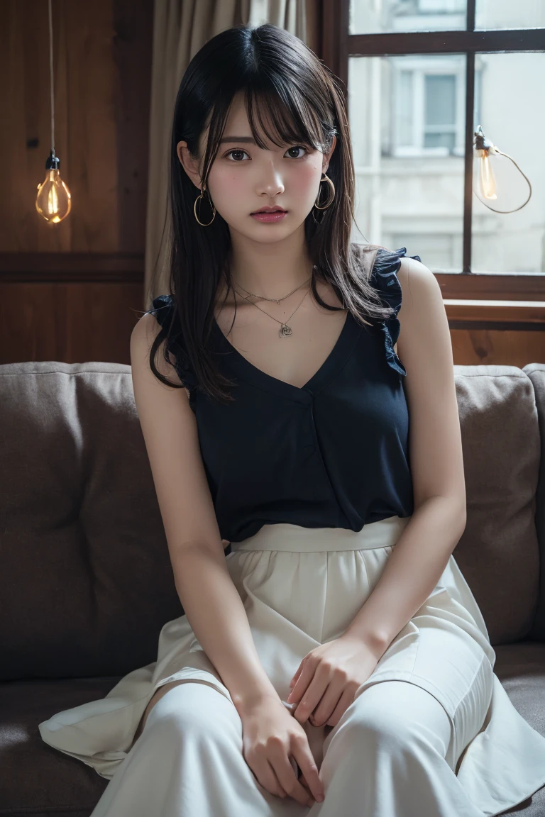 (Highest quality:1.4),(masterpiece:1.4),(Realistic:1.4),(Realistic:1.2),(超High resolution, RAW Photos:1.4),(High resolution, Ultra-detailed:1.2),(8k:1.2),View your viewers,Cinematic photography,One person,skeletally correct,Black-haired woman,Woman in her early 20s,(Small earrings,necklace,2Tiered ruffle sleeveless,Long skirt),(Western-style building interior,Dimly lit room,The lamplight shines on my cheeks,Sit on the sofa)