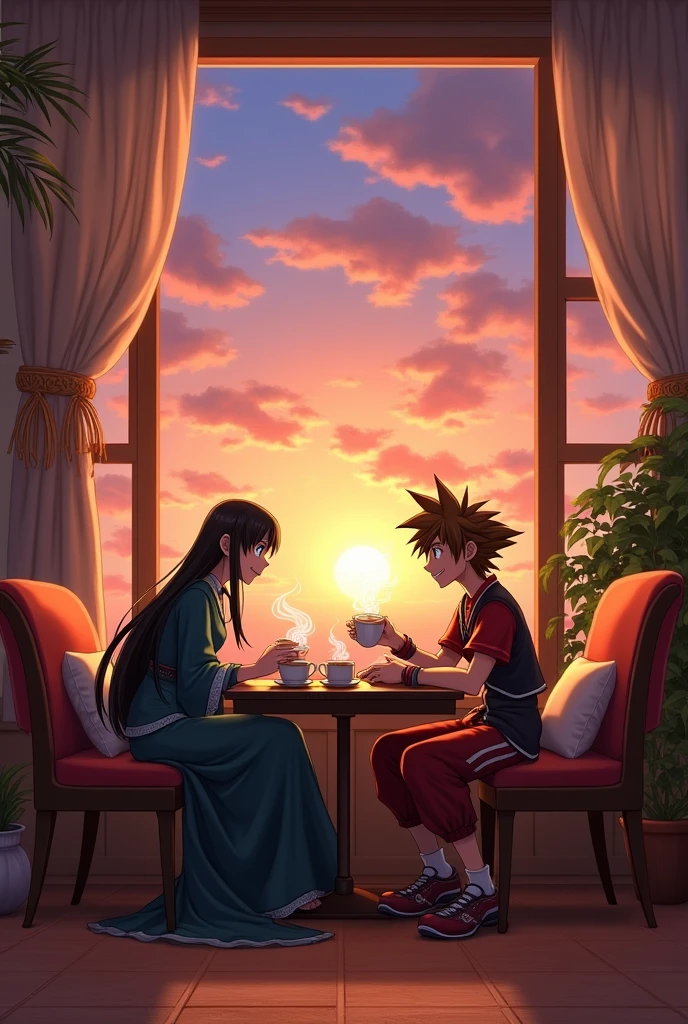 Characters Changli from Wuthering Waves and Sora from Kingdom Hearts having tea together in a living room, with a window in the background depicting the sunset.