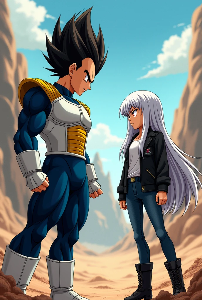 Vegeta,hair styled up and ending in a point. He wore a dark blue suit and over it the typical armor worn by Saiyans,Fighting against a long, straight, white-haired teenager,Red eyes,camiseta blaca,knee-length black jacket,dark blue denim jeans,black boots and white monkey tail(anime style)