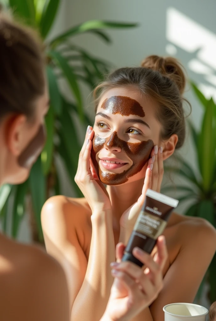 Image showing a young lady applying a coffee-based face mask.
You can see that the young lady is holding the tube bottle containing the coffee-based exfoliating cream and at the same time is applying the exfoliant to her face.. 
The young lady's face should be covered with the coffee-based exfoliating cream. 