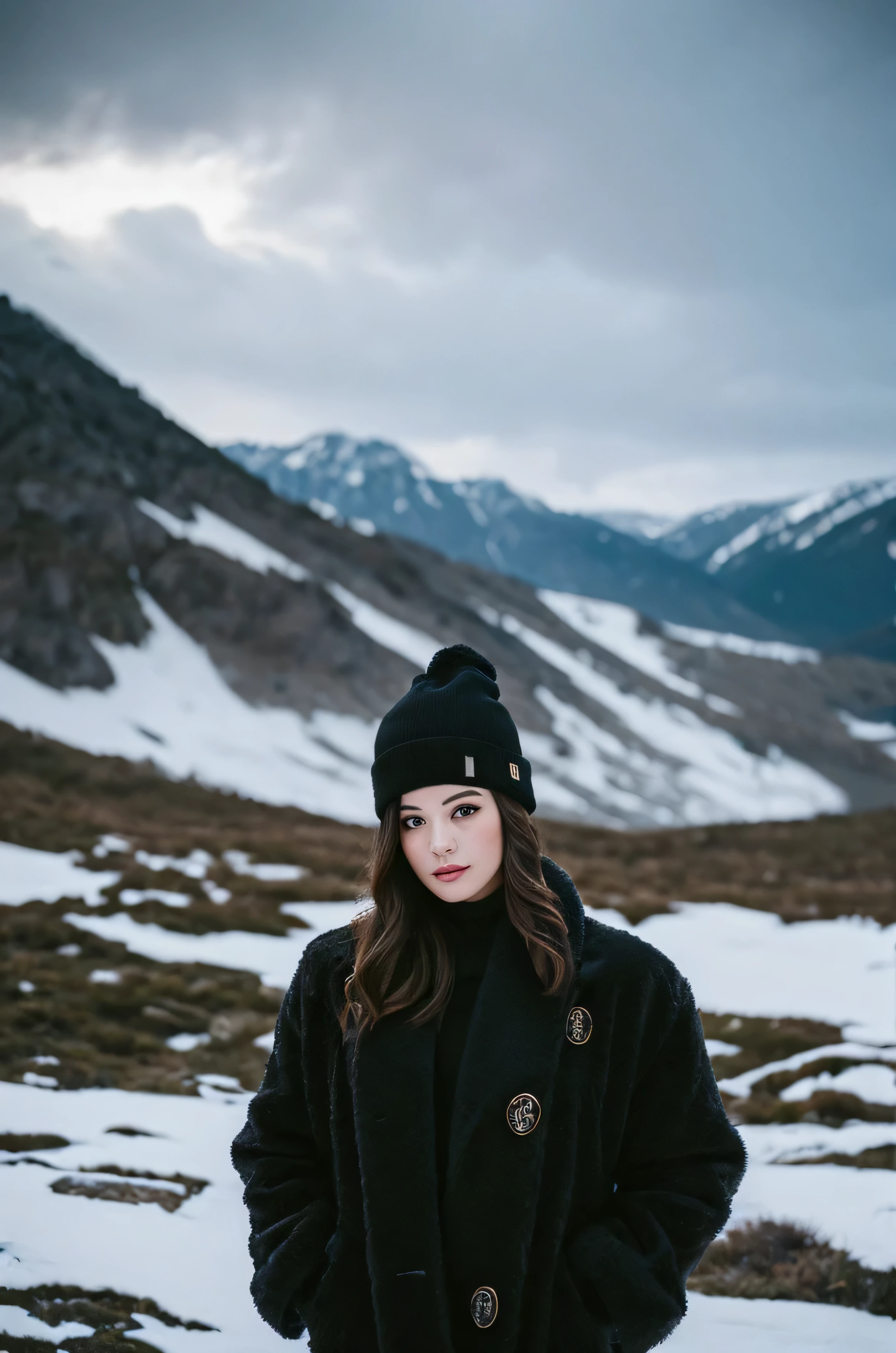 Create an image of a stylish woman standing in a snowy, mountainous landscape during dusk. She is wearing a luxurious fur coat and a black beanie with a designer logo, exuding an air of sophistication. The sky is overcast with dark clouds, creating a dramatic contrast against the white snow. Her sunglasses add to the chic and mysterious vibe of the scene, capturing the essence of winter fashion in a high-end, wintry setting.