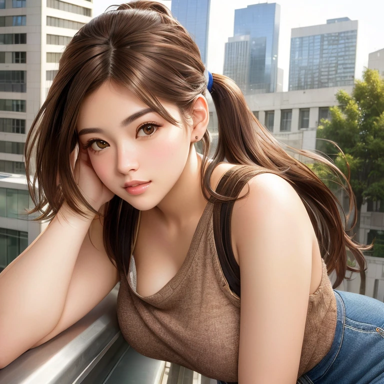 photo realistic portrait of a mega cutie in a mega city, brown eyes, brown hair, pony tail