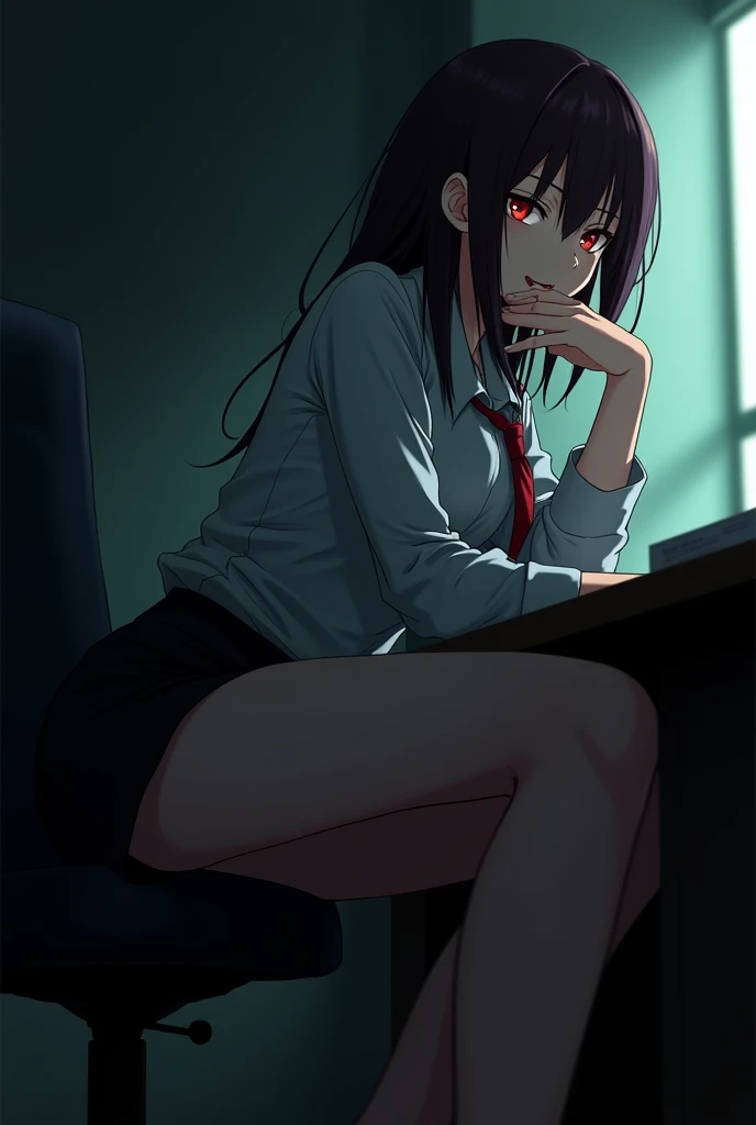STRANGELY BEAUTIFUL SECRETARY GIRL, FULL POSE,SHORT SKIRT AND CROSSED LEGS,TAKING HER HAND TO HER CHIN WITH A MALICIOUS SMILE, BABANDO SALIVA, DIABOLICAL LAUGHTER, DEEP SINISTER EYES, dark surroundings, face ilumined, empty eyes, evil smile, saliva, facepalm, anime style, anime style, backlighting, blurry, Ultra-Wide Angle, from below, 1080P, masterpiece