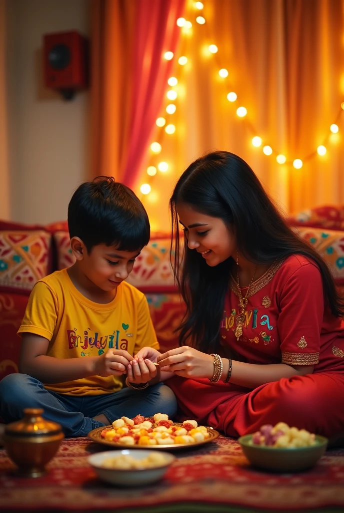 A,19-year-old boy named Rahul, wearing a t-shirt with his name 'Rahul' printed on it, is tying a rakhi on his 23-year-old sister named Shubhangi, who is wearing a t-shirt with her name 'Shubhangi' printed. They are sitting together in a cozy, traditional Indian living room decorated for Raksha Bandhan. The scene is full of warmth and love, capturing the essence of the Raksha Bandhan festival