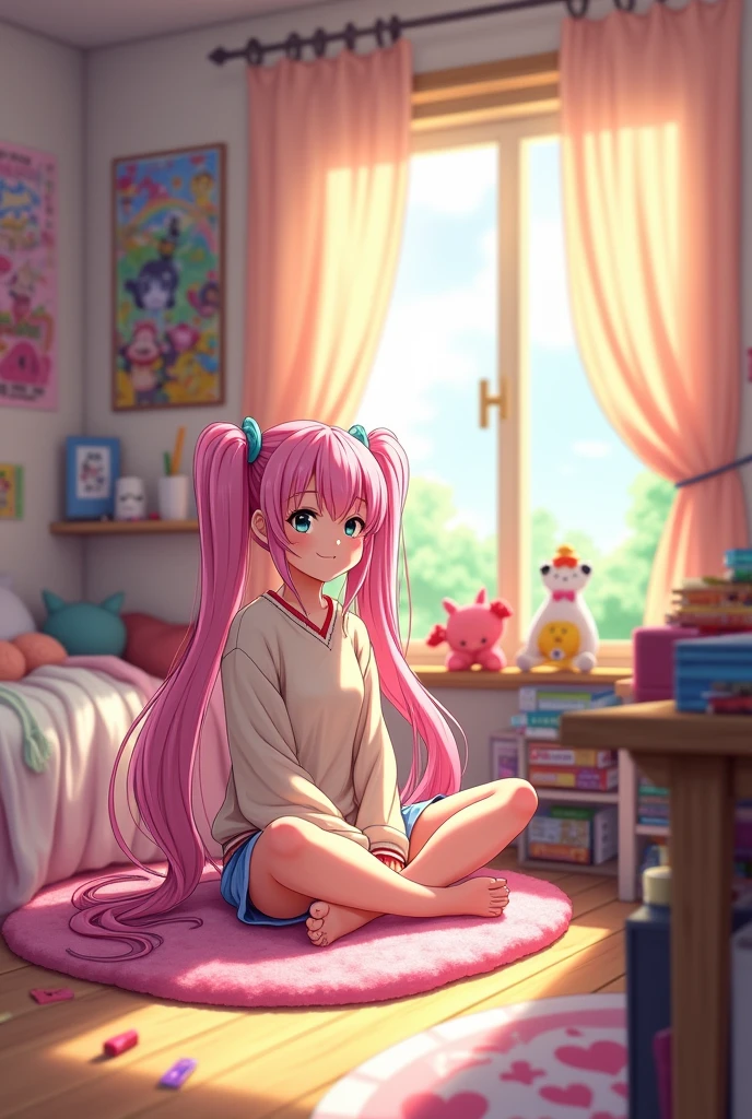 Anime standing drawing style，A girl with a double ponytail，Headphones， right elbow，Stand on the table with the palm of your hand holding your face ，Game character illustrations， Rich Details ， The background is in the pink bedroom，The bed has pink pillows ，doll