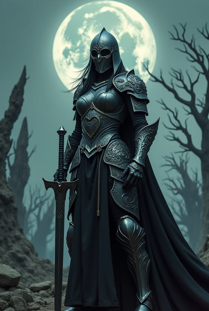 Make a woman in death knight armor, holding a sword with a moon symbol, she also wears a helmet