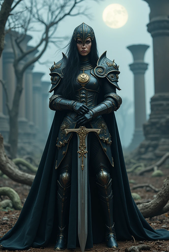 Make a woman in death knight armor, holding a sword with a moon symbol, she also wears a helmet