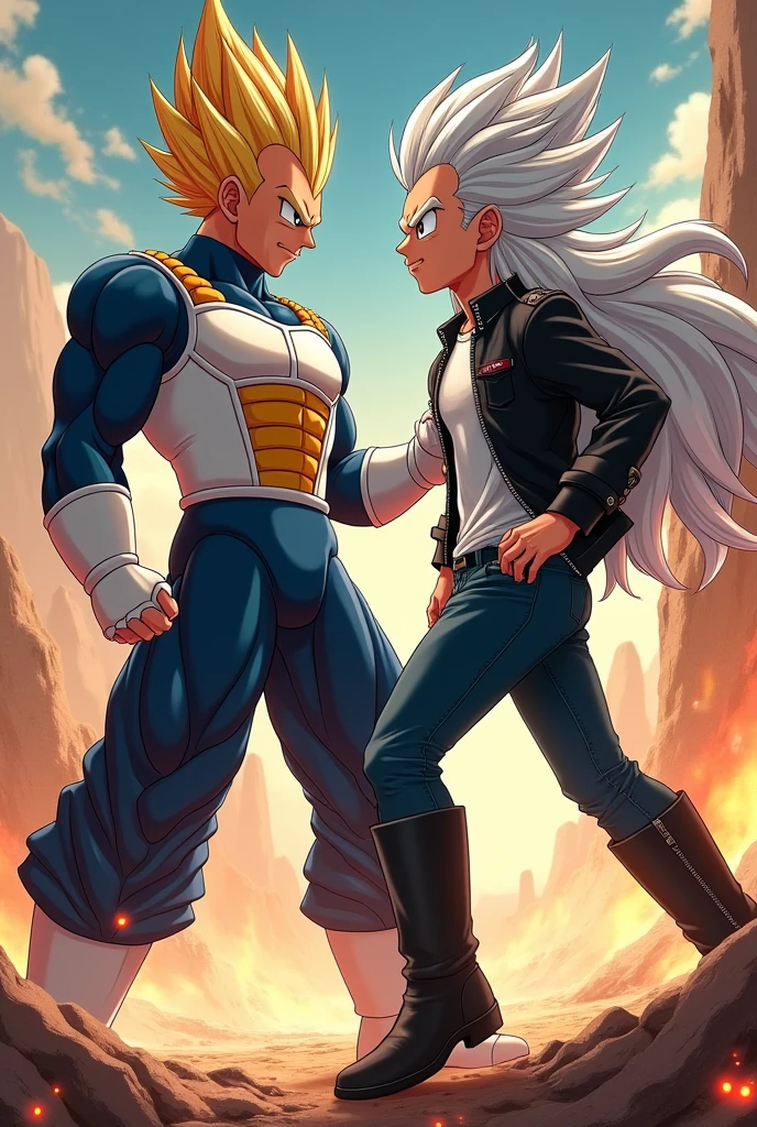 Vegeta,hair styled up and ending in a point. He wore a dark blue suit and over it the typical armor worn by Saiyans,Fighting against a long, straight, white-haired ager,Red eyes,camiseta blaca,knee-length black jacket,dark blue denim jeans,black boots and white monkey tail(anime style)