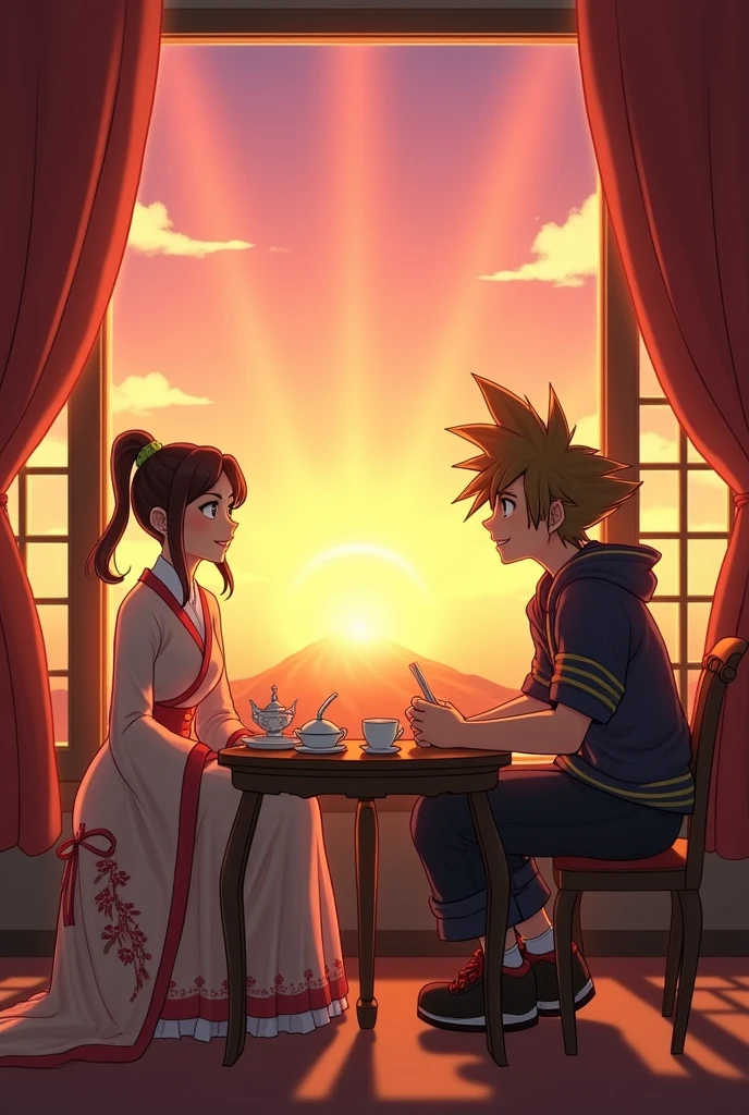 Changli's Wuthering Waves and Sora from Kingdom Hearts having tea together in a living room, with a window in the background depicting the sunset.