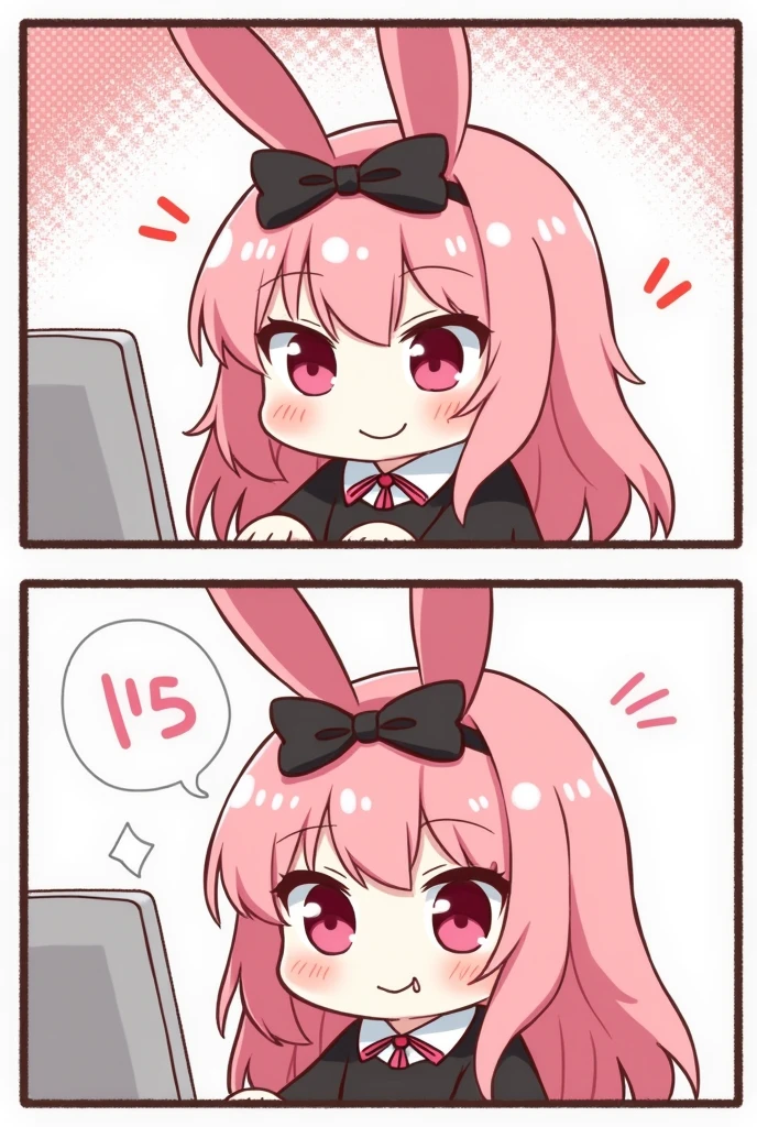 (2comic panels,dot halftone, flat color,), quality\(masterpiece, best quality,8k,wallpaper of extremely detailed CG unit,hight resolution,top-quality,top-quality real texture skin,hyper realisitic,increase the resolution,RAW photos,best qualtiy,highly detailed,the wallpaper\), 1girl\(2.5D,cute,kawaii,small kid,pink hair:1.4,(long hair),(rabbit ear),black long dress with frill,red eyes,big eyes,beautiful shining eyes,skin color white,big black hairbow,watching internet,(smiling and says "Adorable! What does this mean? oh..." with face blushed:1.3)\)