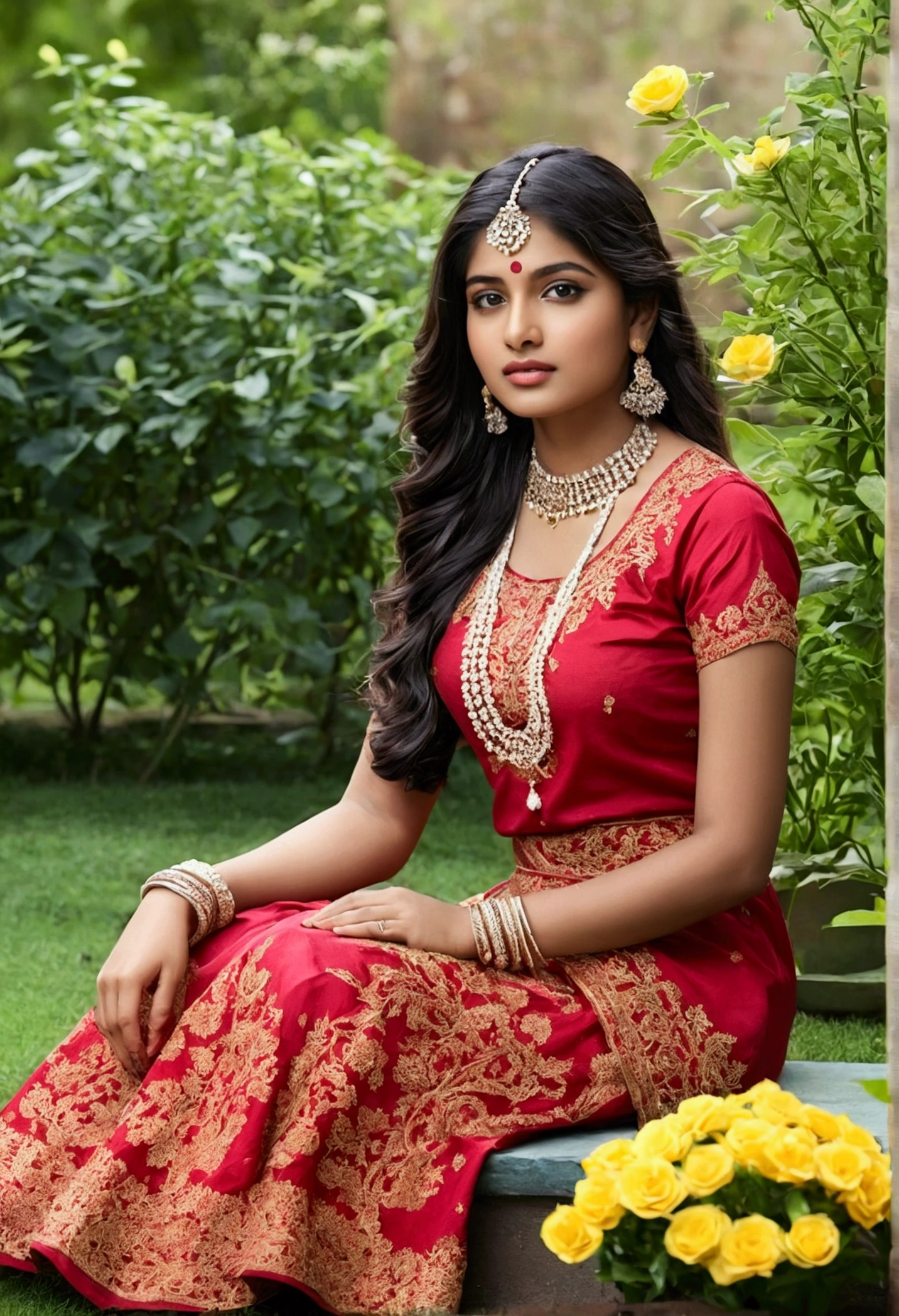 realistic indian model girl seating in garden