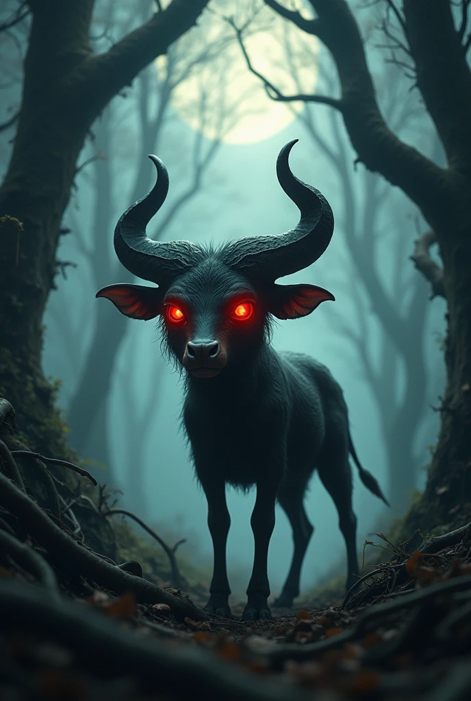 Un être petit et maigre avec des yeux rouges luisants et des cornes de buffle.