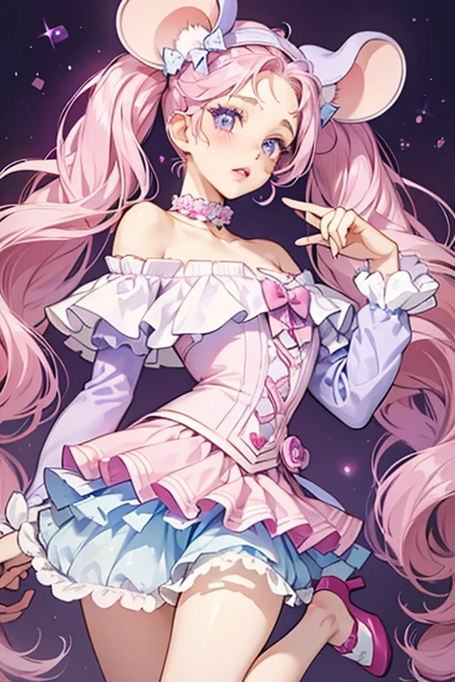 Valentina's eyes, skin tone, and lips are the same, but she also wears pale violet eye-shadow and rosy blush with two hearts . Her hair is worn in tightly curled twin-tails and she has two loose strands at her forehead forming an upside-down heart, worn with a magenta headband with mouse ears and two hearts, one of which is pale pink with Love written in white and adorned by a purple bow. She wears a fuchsia textured top with a light blue and purple collar and a layered, scalloped hot pink skirt covered in pale pink, dark pink, pale blue, and light purple hearts. She also wears azure tights and raspberry heels with purple on the pale pink heart and sole. She also has a curling pale pink mouse tail. SPARKLE; GLITTER