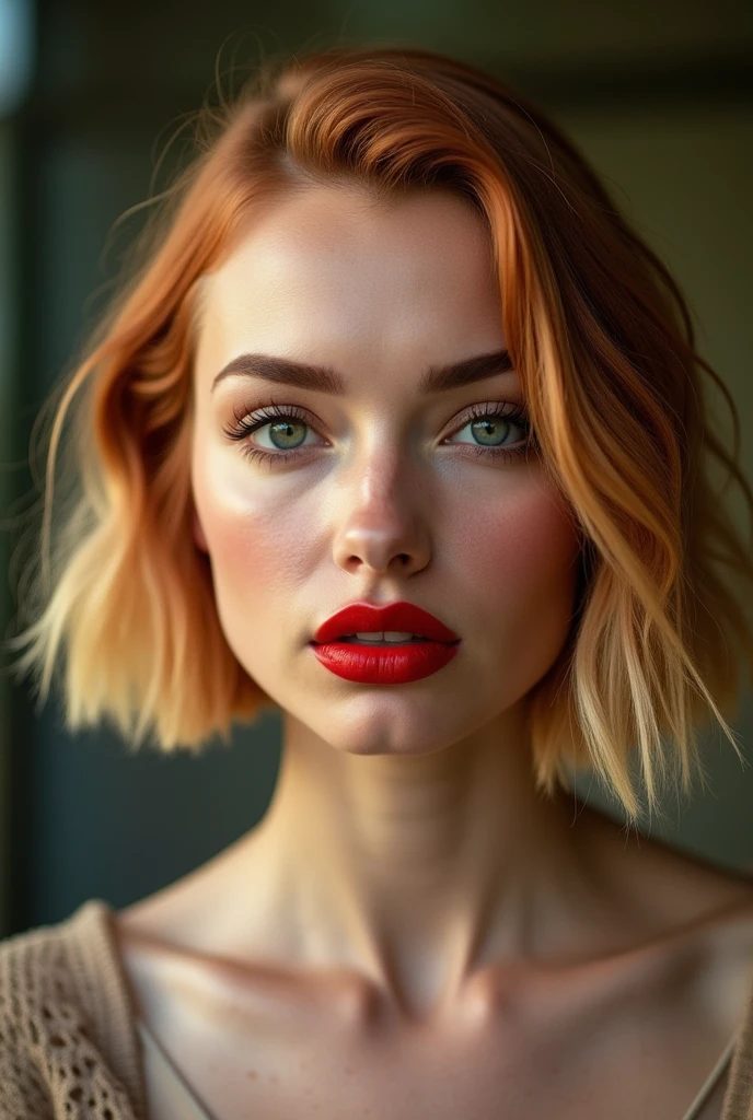 makeup, (masterpiece), best quality, high resolution, extremely detailed, blurred background, depth of field, cinematic lighting. greek women big pumped lips red lipstick super big fake lips bob cut hairstyle blonde hair big green eyes forehead is slightly arched, giving my face a distinctive shape. It flows seamlessly into my high, defined eyebrows. The bridge of my nose is straight and symmetrical, leading up to a pointed tip. My nostrils are small and delicate, adding character without being overwhelming. My cheekbones are prominent, highlighting my large, round eyes even further. My jawline is strong and defined, giving my face a masculine edge despite its feminine features. My neck is long and graceful, flowing effortlessly into my shoulders. flower garden , big fake lips big size lip big pumped lips red lipstick cleavage sweat in forhead. dark red hair , blue eyes