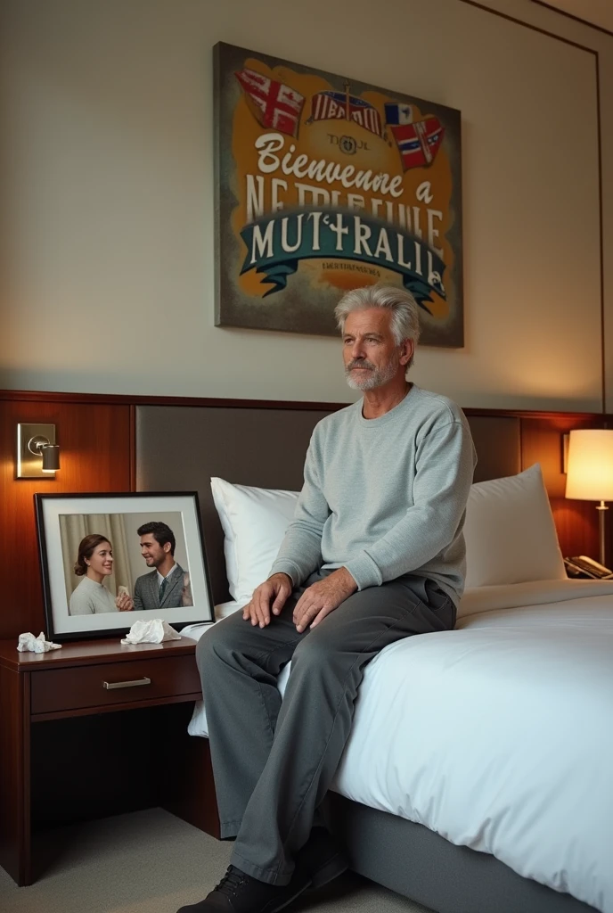 Homme caucasien grand de taille, charmant, un peu costaud, habillé en pantalon et tee-shirt manche longue, assis ou adossé sur une table dans une grande chambre d'hôtel et sur la table sur laquelle est assis ou adossé le charmant homme il faut qu'il y ait un papier mouchoir déjà utilisé sur la table et sur le lit de l'hôtel qu'il soit déposer un cadre photo grand ou moyen qu'il est possible de faire arrêter sur le lit et faire face à la caméra et sur le mur du chevet du lit un tableau sur lequel il est écrit en français : Bienvenue à Melbourne AUSTRALIE et autour de la phrase qu'il y ait les emblèmes du Canada Québec ou le drapeau du Canada Québec