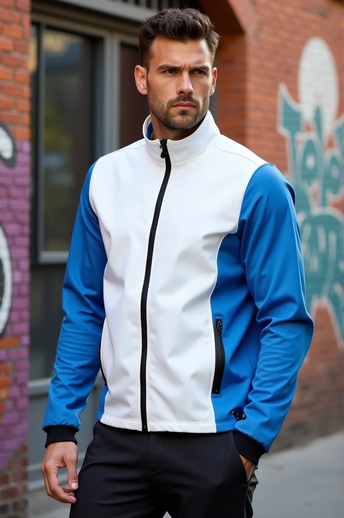 Create a mock neck zip puller man's jacket, base white , side panels blue and down panel, zip binding, sleeve white, sleeve cuff 2 inch black wearing by a man