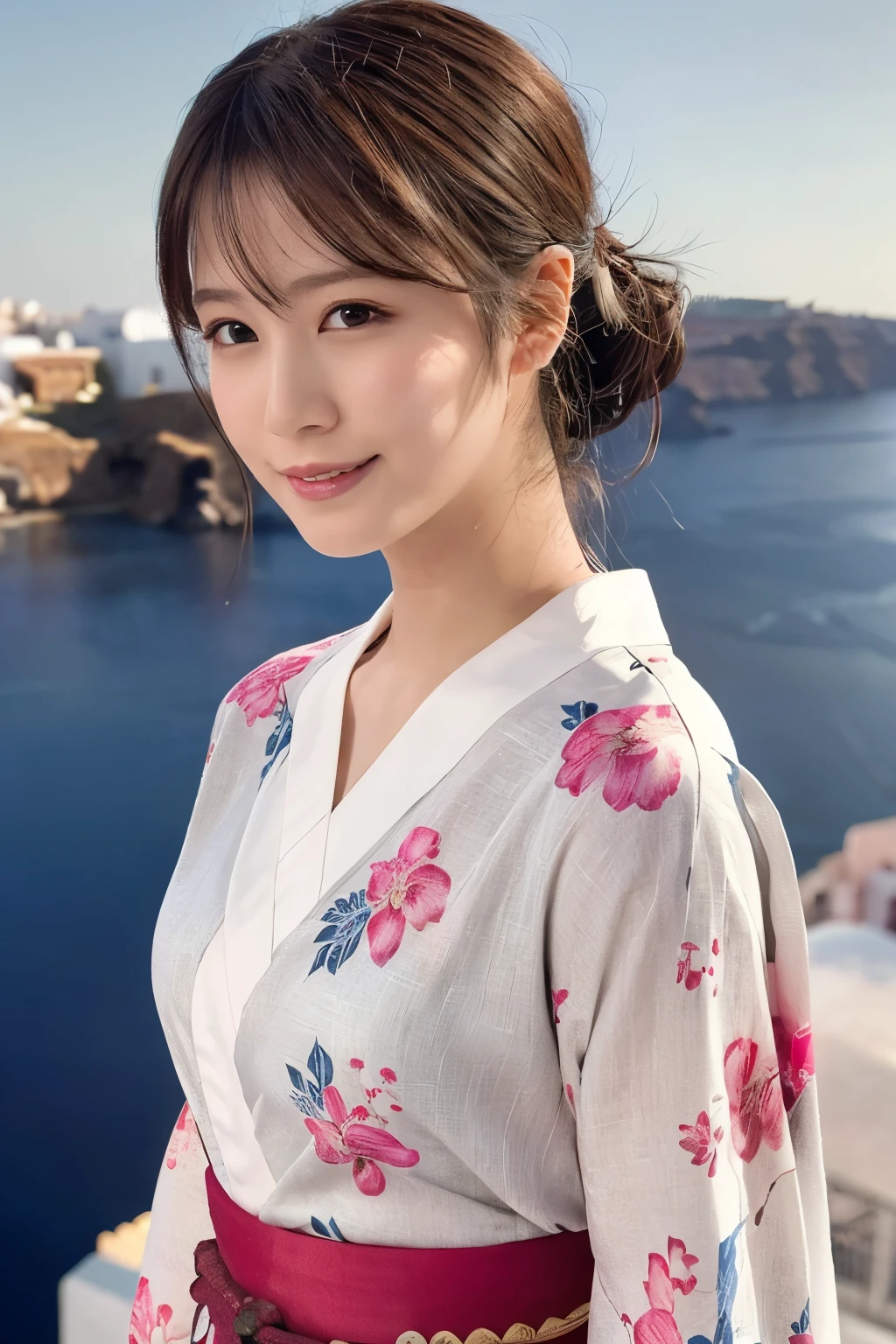 1 person, (Wearing a pink floral Japanese kimono.:1.2), Very beautiful Japanese idol portraits, 
(RAW Photos, Highest quality), (Realistic, Realistic:1.4), (masterpiece), 
Very delicate and beautiful, Very detailed, 2k wallpaper, wonderful, finely, Very detailed CG Unity 8k 壁紙, Very detailed, High resolution, Soft Light, 
Beautiful details, Very detailed目と顔, Beautiful and sophisticated nose, Finely beautiful eyes, Cinema Lighting, 
(Commemorative photo on Santorini Island:1.3), (White Building), (blue sky), (Church bells), (Aegean Sea),
(Japanese hairstyle), (Tie your hair at the back:1.3), (bangs), (hairpin), 
Complete Anatomy, Slender body, Small breasts, smile