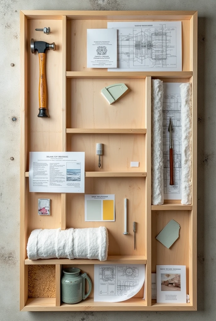 collage of images and object samples in a dry construction composition