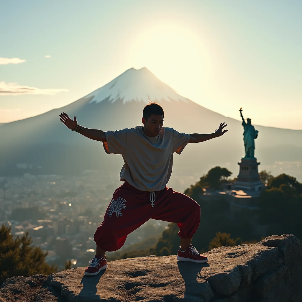 Japanese Bboy dressed in hip hop clothes, performing a breakdance move in front of Christ the Redeemer in Rio de Janeiro, with the Statue of Liberty of the United States, with the volcano in sharp focus and the background blurred, creating a cinematic atmosphere. The bboy's pose should convey strength and dynamism, contrasting with the serenity of the mountain. dramatic lighting, with sun rays hitting the bboy and Mount Fuji, Enhancing the Scene. Visual Style: アニメ, cinematographic, realisitic.