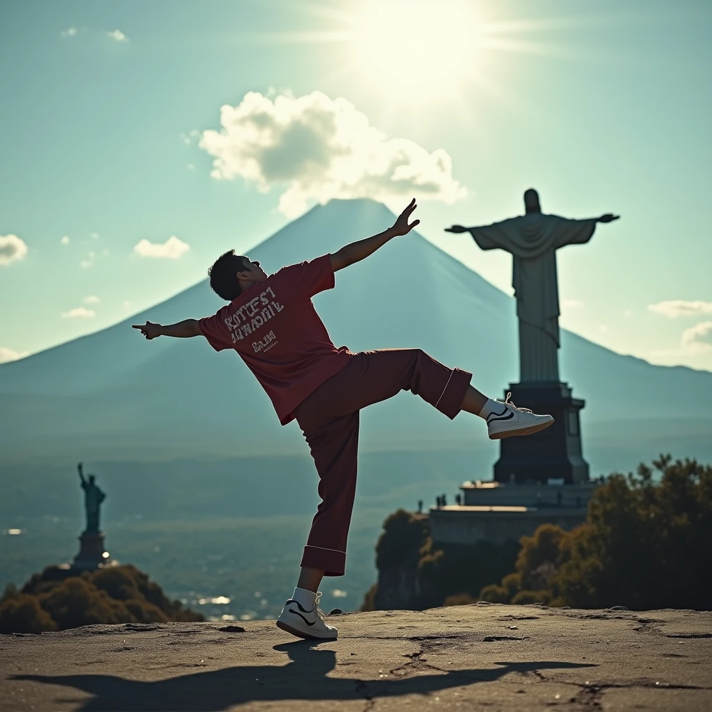 Japanese Bboy dressed in hip hop clothes, performing a breakdance move in front of Christ the Redeemer in Rio de Janeiro, with the Statue of Liberty of the United States, with the volcano in sharp focus and the background blurred, creating a cinematic atmosphere. The bboy's pose should convey strength and dynamism, contrasting with the serenity of the mountain. dramatic lighting, with sun rays hitting the bboy and Mount Fuji, Enhancing the Scene. Visual Style: アニメ, cinematographic, realisitic.