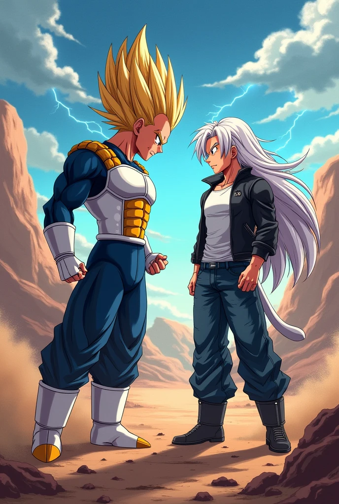 Vegeta,hair styled up and ending in a point. He wore a dark blue suit and over it the typical armor worn by Saiyans,Fighting against a long, straight, white-haired ager,Red eyes,camiseta blaca,knee-length black jacket,dark blue denim jeans,black boots and white monkey tail(anime style)
