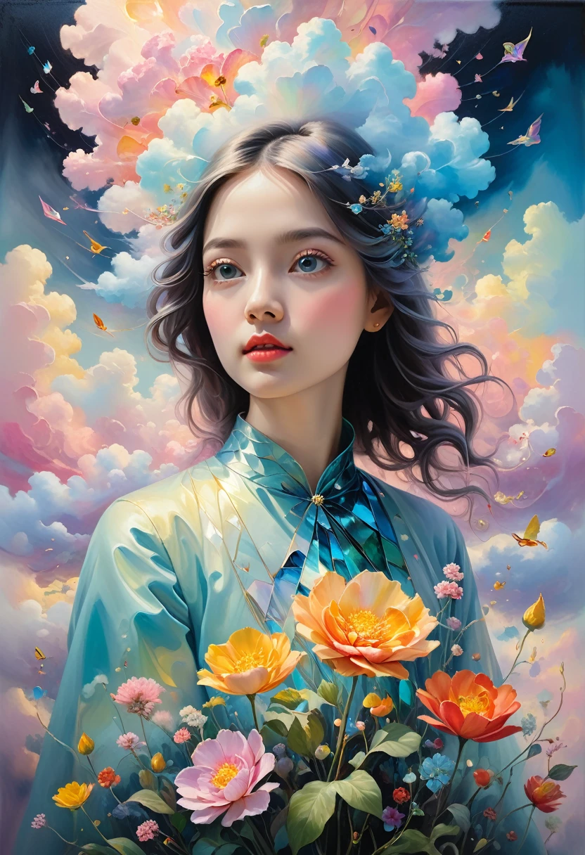 (((Stylistically diverse))), detailed scenes, quirky twist, unique visuals, clouds, and flowers, abstract, surreal âPainted light, âPastel colours, â, âIsolated subjects, â âinnocent colours, Soft Lighting, heavy inky shadows, detailed and intricate environment, A masterpiece, tracing effects, oil painting aesthetic, heavy brush strokes, mystical allure, Oil painting âImpressionistic, â âImpressionistic.âBeautiful details, stylized art aesthetic, Broken Glass effect, no background, stunning, something that even doesn't exist, mythical being, energy, molecular, textures, iridescent and luminescent scales, breathtaking beauty, pure perfection, divine presence, unforgettable, impressive, breathtaking beauty, Volumetric light, auras, rays, vivid colors reflects
