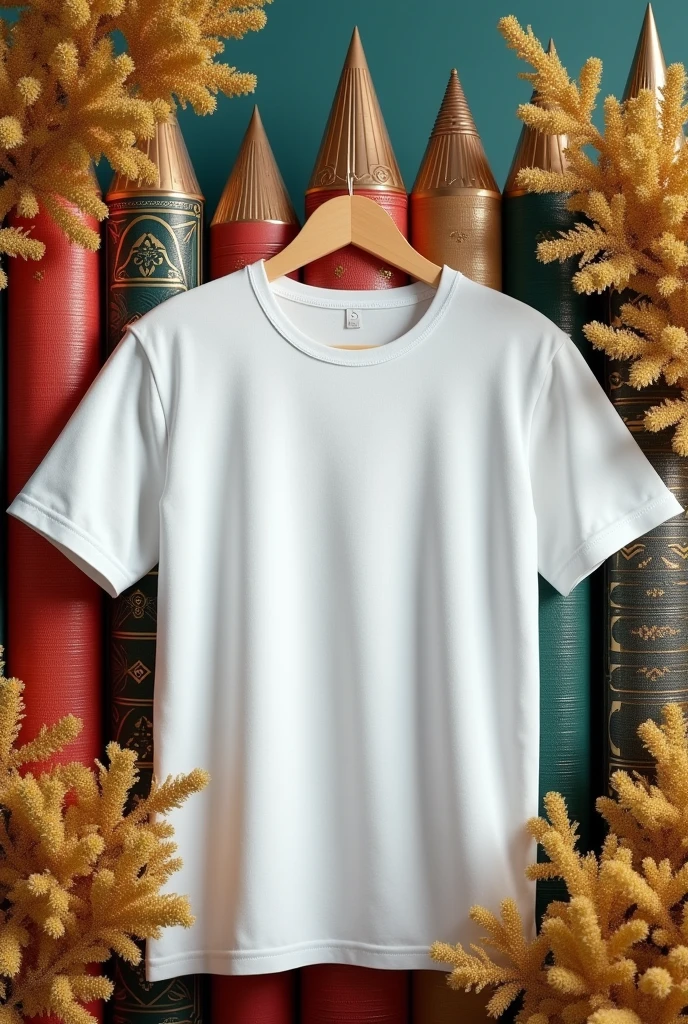 White cotton t-shirt mockup with various pointy books and golden plants. T-shirt design mockup, t-shirt print presentation mockup