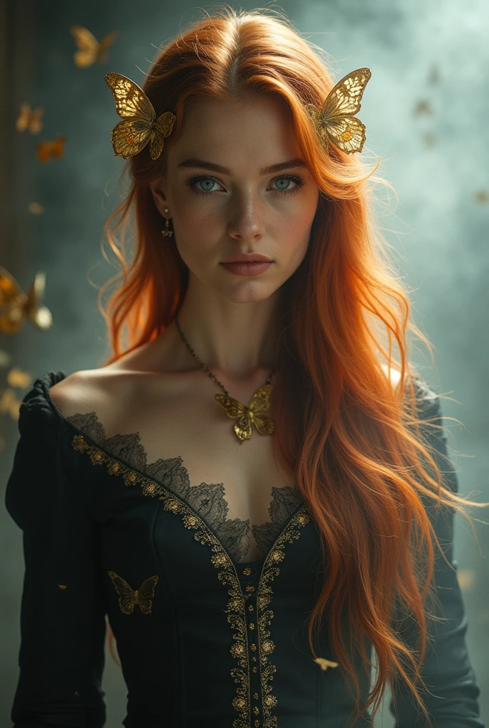 (solo, full body photo:1.3), (action packed:1.3), (haze, fog, mist:1.3), chiaroscuro, best quality, photorealistic, 1woman, (cute), (24yo:1.2), redhead, long ginger hair highly detailed, 1700'S, digital photography, art by artgerm and ruan jia and greg rutkowski surreal painting gold butterfly filigree, broken glass, (masterpiece, sidelighting, finely detailed Fashionable eyes: 1.2) (perfect oval large eyes that gazes at the viewer), beautiful detailed face, blue gorgeous perfect eyes, (blonde hair ponytail), (attractive young woman:1.3), (thick amazing hair), (seductive:1.1), (blushing:1.1)