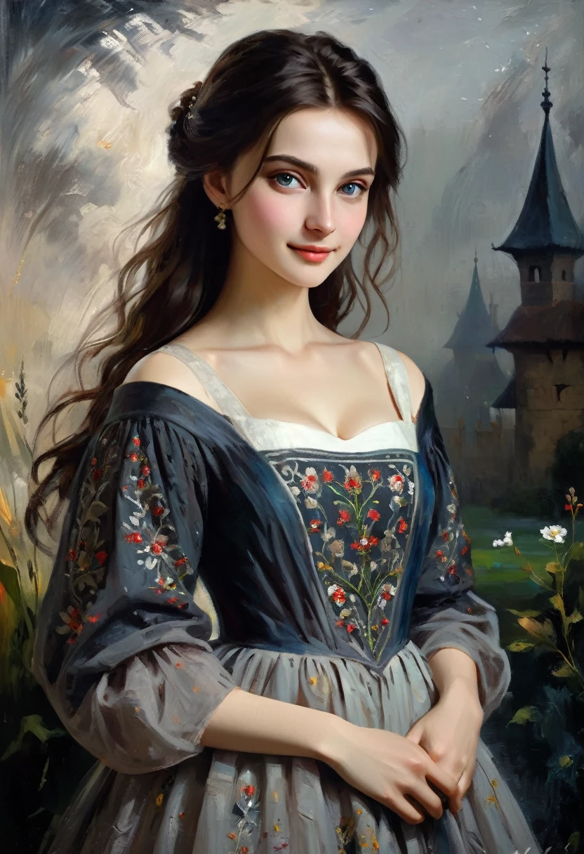 ((art mina milk style)) very charming young brunette, a slight mysterious smile from the shoulder, a dress with embroidered patterns, 15 century,((mina milk style)), The dark Renaissance, (fog, very scuffing), ((palette/oil painting palette knife)), ((masterpiece)), single shot, impression:1.2, extreme detail, perspective:1.33, 8k