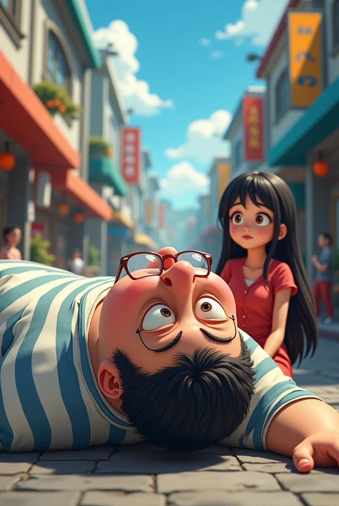 A captivating anime-style cinematic image featuring a morbidly obese man in his forties, lying flat on his back with a visibly scaredexpression. He wears a striped shirt and glasses, his face flushed red with embarrassment. Next to him, an attractive woman in her twenties sits on a bench, dressed in a cute, colorful outfit with a playful expression. Her long, flowing hair cascades down her back, her eyes sparkling with mischief. She enjoys the man's discomfort, her gaze locked onto his face, as they exist within a vibrant, humorous scene that exudes a touch of mystery and intrigue., cinematic, poster, anime