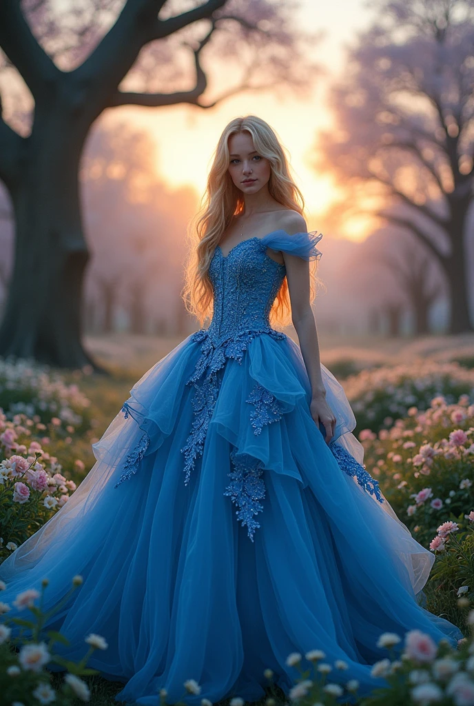 A woman between -19 years olho has features similar to Elle Fanning having blonde hair and blue eyes and who wears a blue princess-style dress, meaning a pompous and large seam