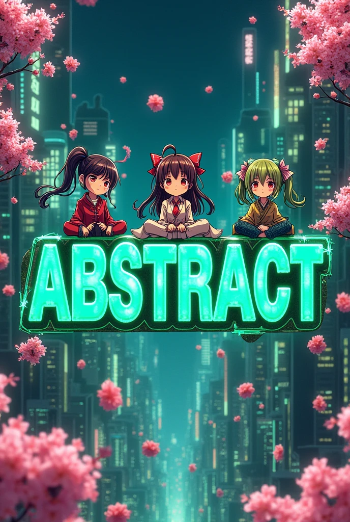 design the word ABSTRACT blockchain green with a chain in anime world with anime people sitting on the ABSTRACT logo