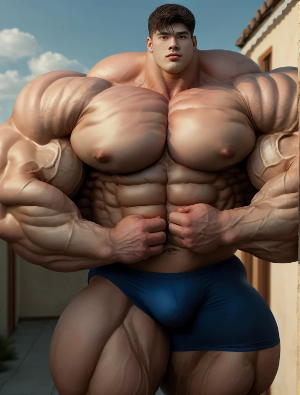 1boy, giant, asian, solo, giant bodybuilder, golden hour, strong body, bulk, large size, standing and leaning on any wall, outdoor, nude, blue triangular underwear with enormous bulge, extraordinary big, brutalmass, giant muscular body, bulk, buff, massive body, large meaty body size, extremely wide body, tallest body
