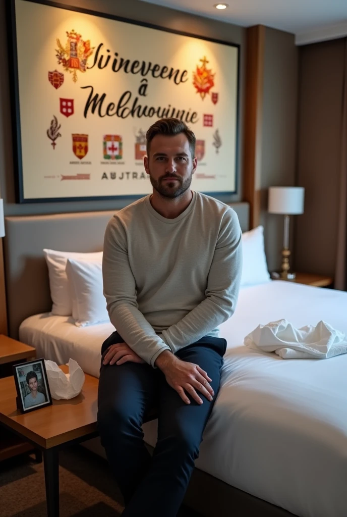 Homme caucasien grand de taille, charmant, un peu costaud, habillé en pantalon et tee-shirt manche longue, assis ou adossé sur une table dans une grande chambre d'hôtel et sur la table sur laquelle est assis ou adossé le charmant homme il faut qu'il y ait un papier mouchoir déjà utilisé sur la table et sur le lit de l'hôtel qu'il soit déposer un cadre photo grand ou moyen qu'il est possible de faire arrêter sur le lit et faire face à la caméra et sur le mur du chevet du lit un tableau sur lequel il est écrit en français : Bienvenue à Melbourne AUSTRALIE et autour de la phrase qu'il y ait les emblèmes du Canada Québec ou le drapeau du Canada Québec