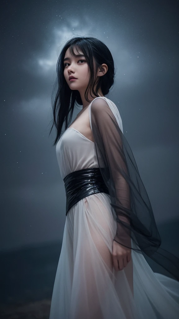 Delicate and dainty young woman with shiny black hair . She is wearing bright grey. The background is a fantastic and ethereal night sky that seems to be haunted by a specter. Her expression is stern and atmospheric. Angle from directly below. 