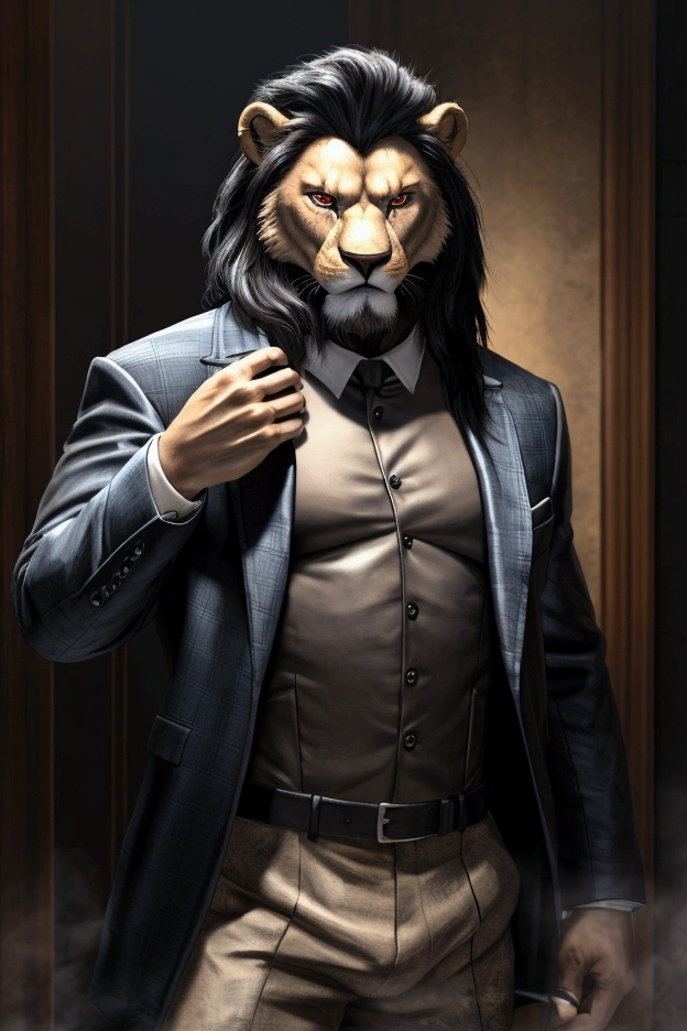 a man with the head of a lion, blue and white checkered jacket, black mane, red eyes, beige pants, angry expression, highly detailed, 4k, photorealistic, dramatic lighting, oil painting, masterpiece Background scenery, forest  (Same as the picture)(A thin jacket is not a suit jacket,  Blue checkered jacket) with sharp claws Sharp teeth , Pose of elegance Holding a black pistol in his hand ,(black mane with light brown) [the image must be generated equal to the prompt image]