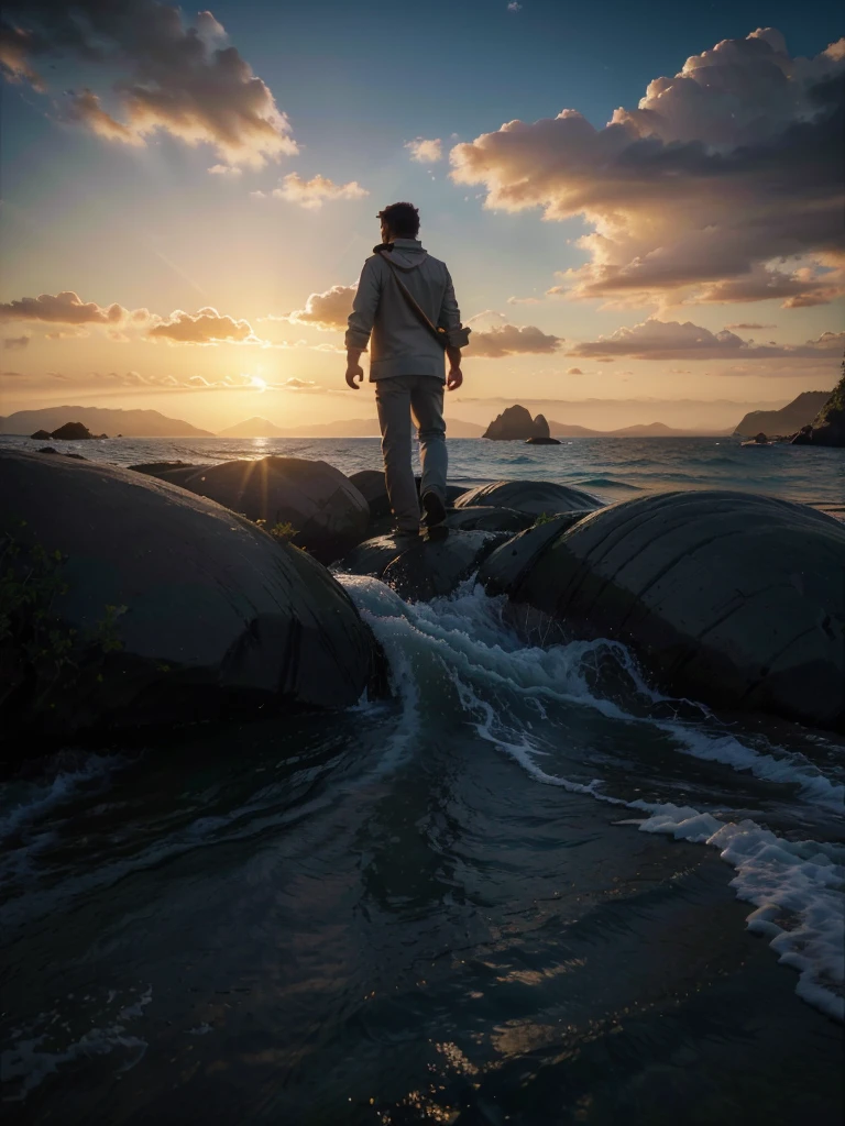 photorealistic landscape, natural landscapes, naturals, Beauty of Natures, golden sunset, sky, sky Power, Detailed Realistic Sunset, palmtrees, mountainous landscape, Rivers of water, Realism Sunset, Natural Treess, Man Man Alone, Alpha Male, Path to Heaven, heavenly, 8K Detailed Realistic Image, 16K Photorealistic Contrast, 8K Photorealistic Sharpness, 4K Photorealistic Cores, 16K Photorealistic Shadows, 8K Photorealistic Textures, 16K Photorealistic Texture, 4K Photorealistic Light, 4K PhotoRealism, FullHD 4K Detailed Contrast, detailed sharpness FullHD 8K, detailed sharpness FullHD 4K, detailed sharpness, 2K detailed colors, lifelike colors, FullHD Detailed Shadows, 4K Detailed Textures, detailed texture, padoru, sunshine light, seas, ocean, mountains, Divine Heavens, Detailed Realistic Panorama 4K, Alone Men, Loneliness, loneliness, natural beautifuls, chic,