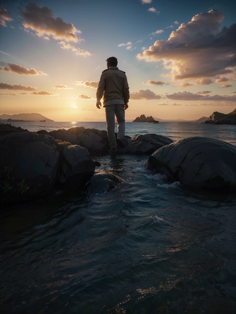 photorealistic landscape, natural landscapes, naturals, Beauty of Natures, golden sunset, sky, sky Power, Detailed Realistic Sunset, palmtrees, mountainous landscape, Rivers of water, Realism Sunset, Natural Treess, Man Man Alone, Alpha Male, Path to Heaven, heavenly, 8K Detailed Realistic Image, 16K Photorealistic Contrast, 8K Photorealistic Sharpness, 4K Photorealistic Cores, 16K Photorealistic Shadows, 8K Photorealistic Textures, 16K Photorealistic Texture, 4K Photorealistic Light, 4K PhotoRealism, FullHD 4K Detailed Contrast, detailed sharpness FullHD 8K, detailed sharpness FullHD 4K, detailed sharpness, 2K detailed colors, lifelike colors, FullHD Detailed Shadows, 4K Detailed Textures, detailed texture, padoru, sunshine light, seas, ocean, mountains, Divine Heavens, Detailed Realistic Panorama 4K, Alone Men, Loneliness, loneliness, natural beautifuls, chic,