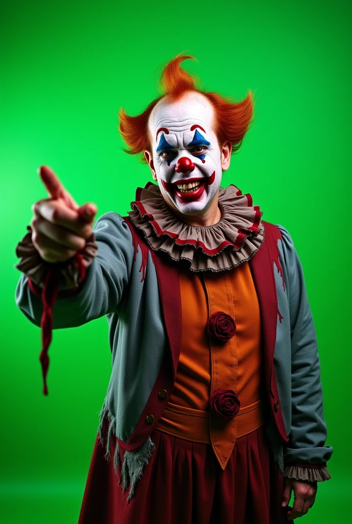 A 45-year-old man dressed as a scary clown, with smudged makeup, sharp teeth, blood splatters on his face, and blood-stained clown clothes, standing closer to the camera, pointing to the left with a sad expression, against a green chroma key backgroundnd
