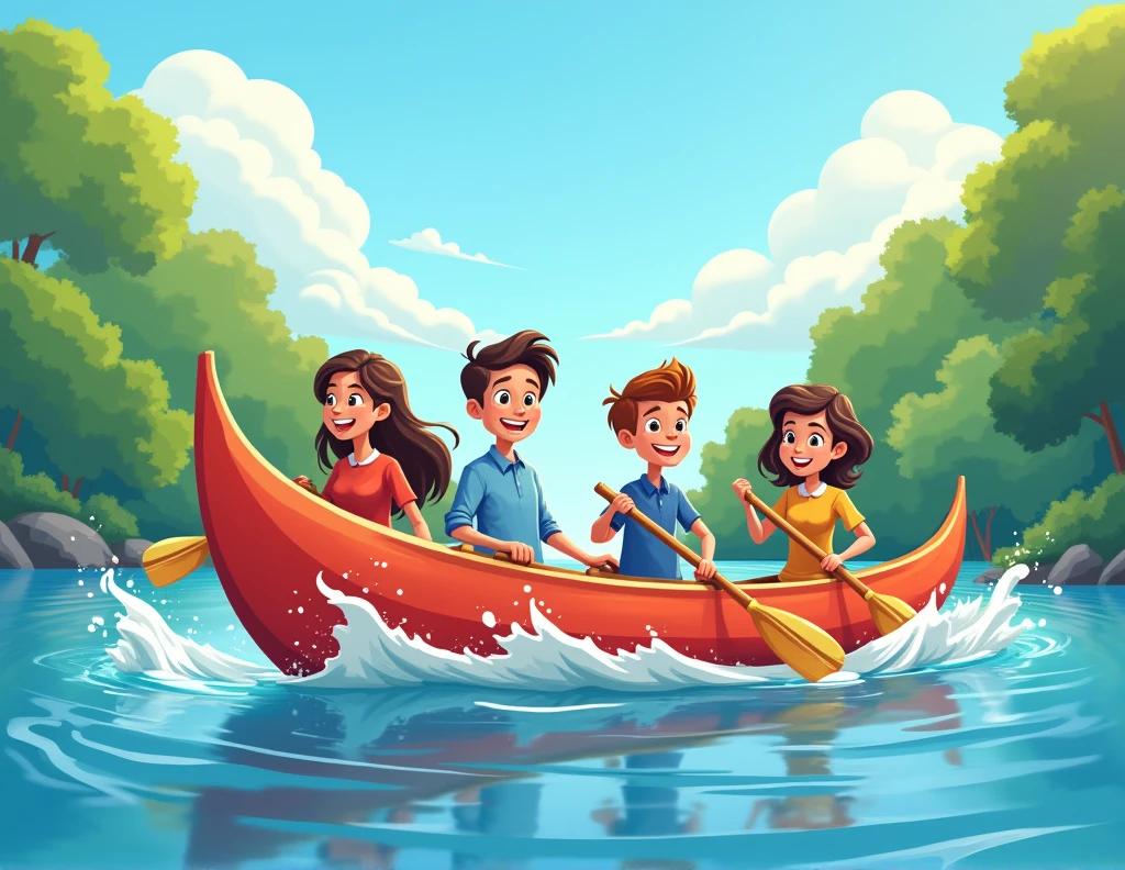 Drawing of 4 employees rowing in a canoe