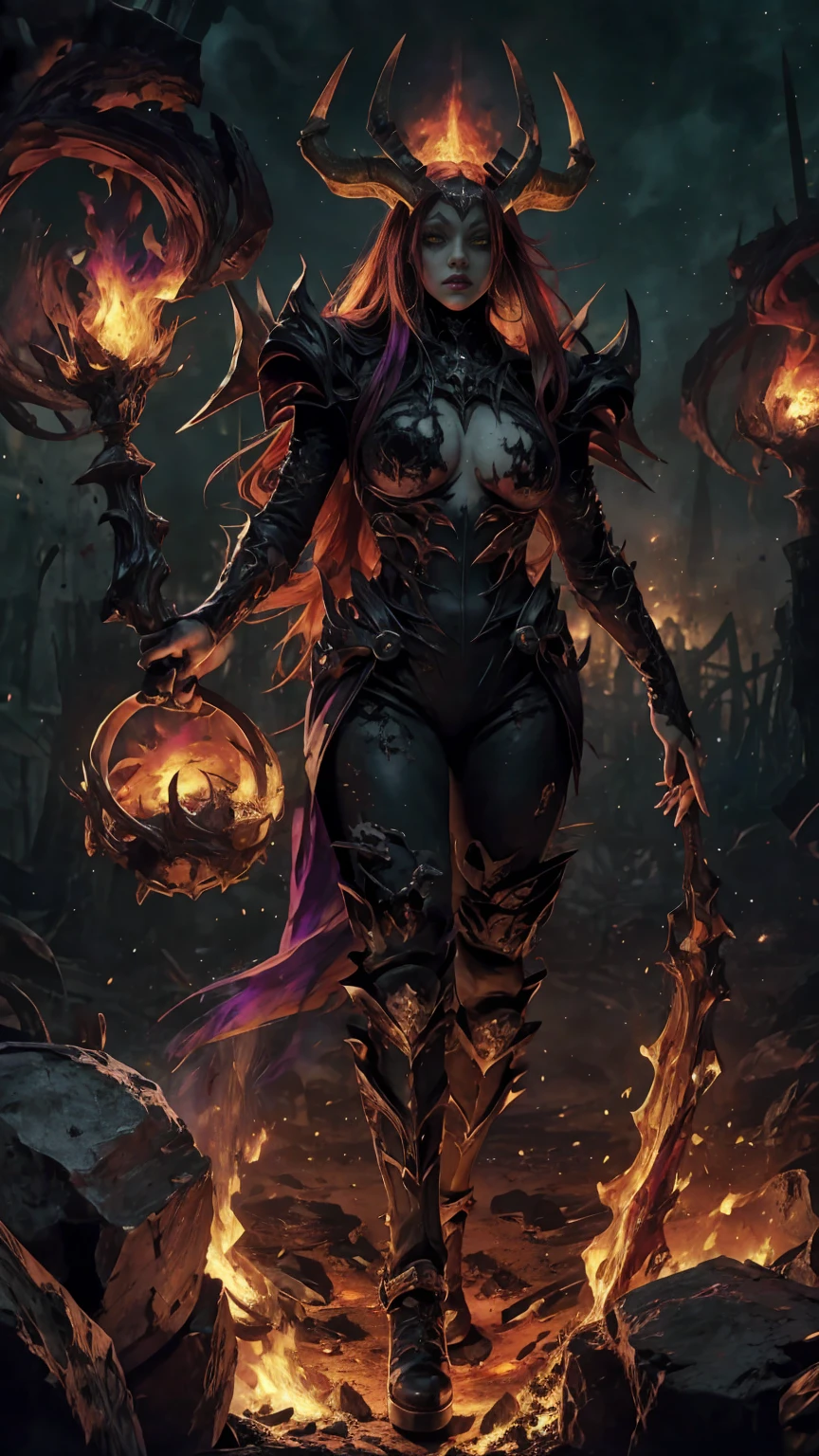 High view, high angle of camera, A beautiful and sexy queen of hell, anime style. walking through a dark, rotten and burnt Hades, showcasing the fiery green hair and thin black horns with incandescent cracks, black tears, golden ornament. Every space and build in the landscape is meticulously rendered, from the most desolate and terrifying hell, creating a visually stunning and immersive world. The overall effect is a terrifying mix of fantasy, glitter and nostalgia, hellpunk and horror anime. 2.5D style anime, close-up, fine quality yellow eyes, fiery yellow eyes without sclera, ultra detailed, Beautiful and aesthetically pleasing, masterpiece, Best quality score, Extremely detailed , dynamic angle, raytraced, middle body, close up, high view, particles and hard lights, angulo picado. green, red, purple and black