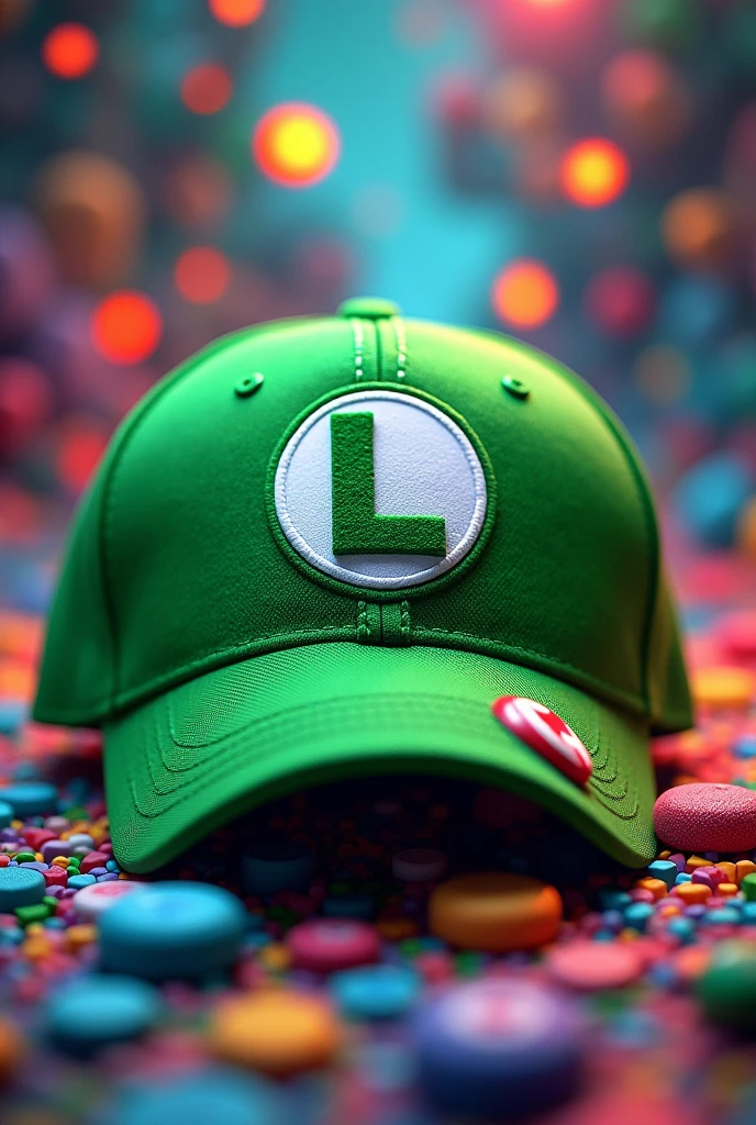 A green Luigi cap with the letter D on a pixelated background