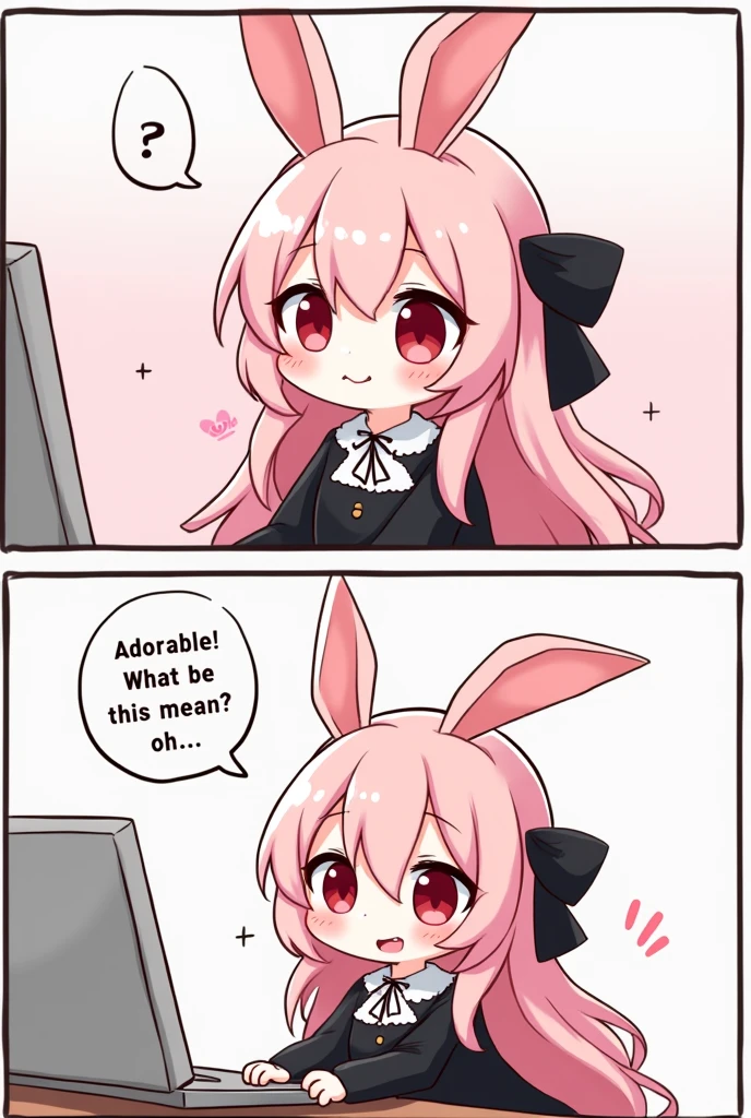 (2comic panels,dot halftone, flat color,), quality\(masterpiece, best quality,8k,wallpaper of extremely detailed CG unit,hight resolution,top-quality,top-quality real texture skin,hyper realisitic,increase the resolution,RAW photos,best qualtiy,highly detailed,the wallpaper\), 1girl\(2.5D,cute,kawaii,small kid,pink hair:1.4,(long hair),(rabbit ear),black long dress with frill,red eyes,big eyes,beautiful shining eyes,skin color white,big black hairbow,watching internet,(smiling and says "Adorable! What does this mean? oh..." with face blushed:1.3)\)
