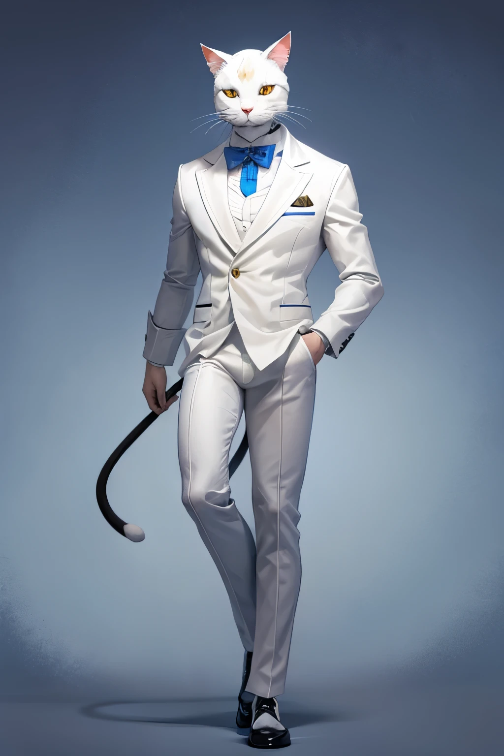 FULL BODY PHOTO OF A HUMANOID CAT WEARING AN OLD WHITE SUIT, BLUE BACKGROUND