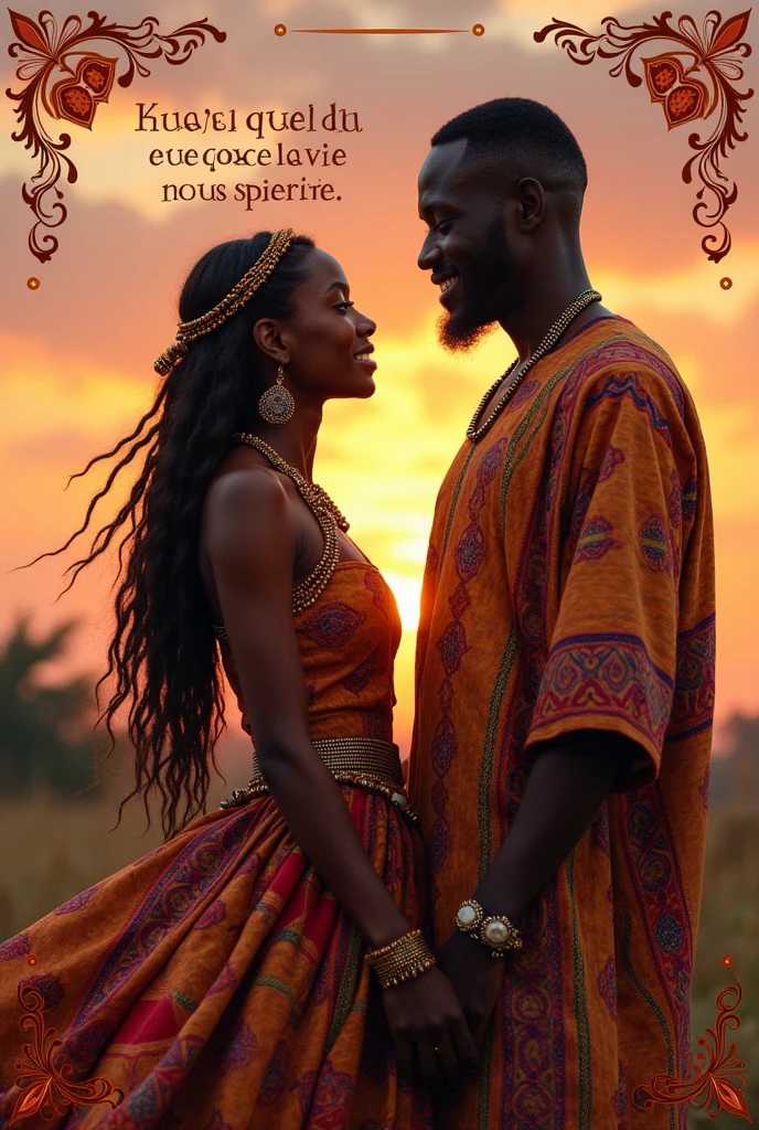 Nyamekye (female) and Kwasi (male) standing together on the right side of the image, both dressed in traditional pagne attire, facing each other. "Jusqu’à ce que la vie nous sépare" should be prominently displayed on the left side in bold, professional font, with intricate design elements like decorative swirls or calligraphy, giving the text a polished and classic storybook appearance. The background features a warm sunset with soft gradients, enhancing the cinematic and emotional atmosphere.