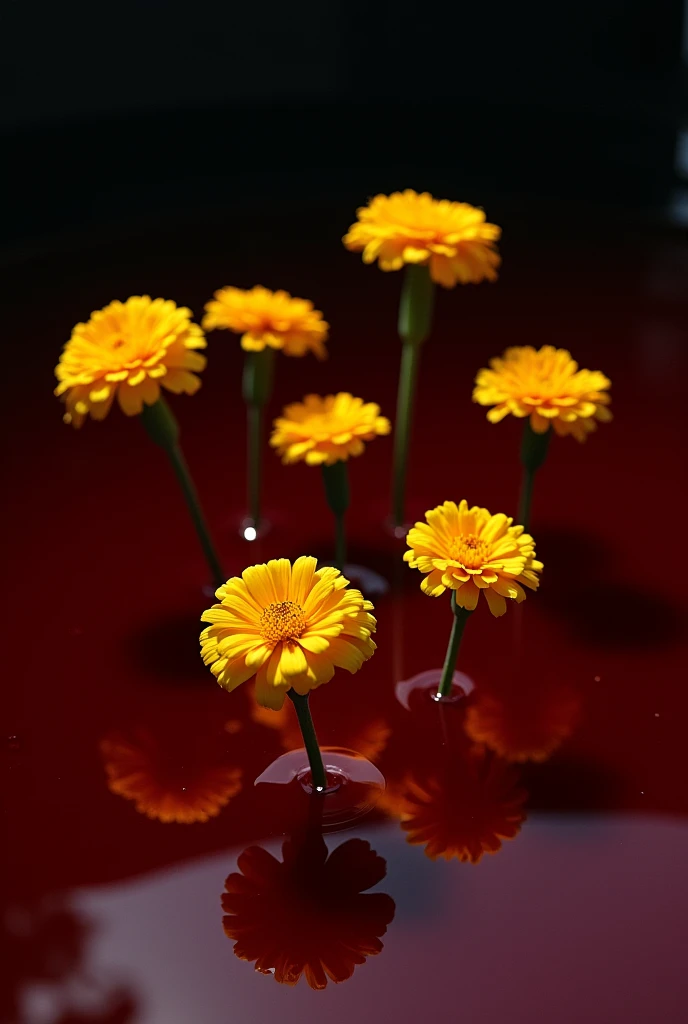 Seven yellow marigolds, Flowers only, at a distance from each other on the surface of a pool of blood.