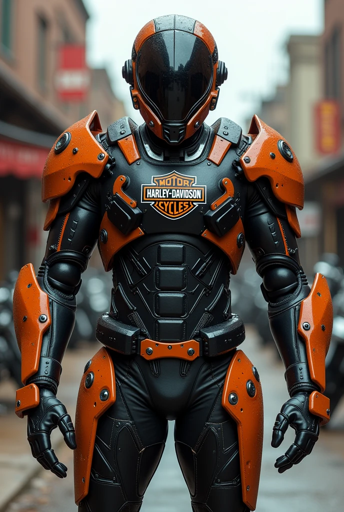 "Full-body futuristic warrior, With black and orange armor and chrome details, Inspired by classic Harley Davidson motorcycles. Harley logo on the chest, Helmet with visor and mechanical arms with integrated tools and weapons. Rustic and American style, With details reminiscent of the brand's custom motorcycles."